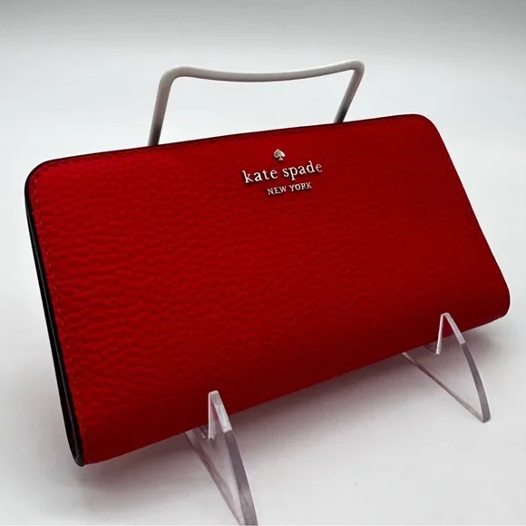 Kate Spade Large Pebbled Leather Slim Bifold Wallet Red - Picture 3 of 7